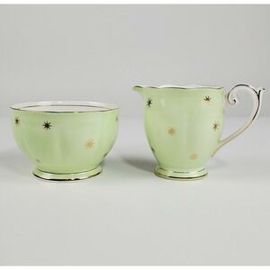 Vtg  Queen‎ Anne Pole Starburst  MCM Midcentury Footed Sugar Creamer Green Gold